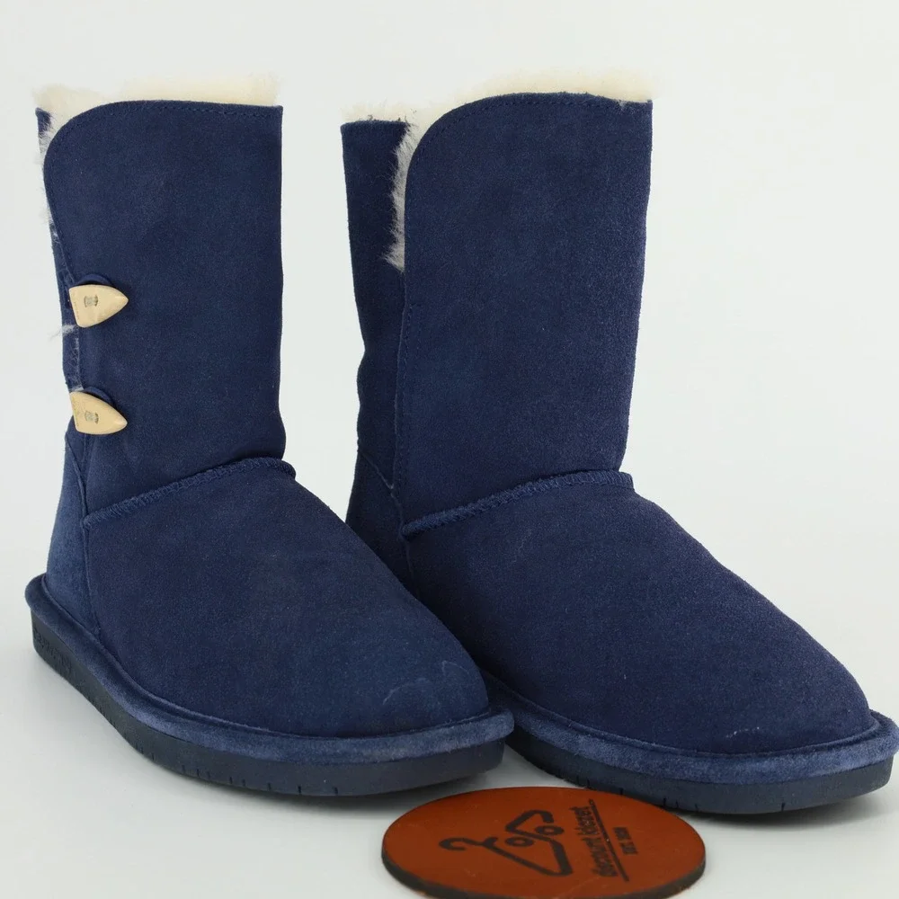 Bearpaw Women Navy Blue Suede Abigail Toggle Boots‎ Sheepskin Lining Size 7